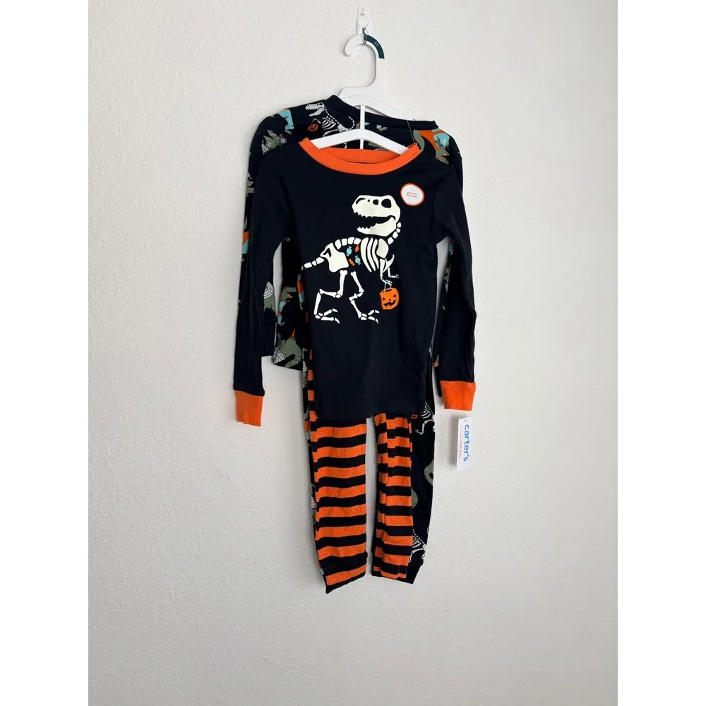 Carter's Halloween Pajamas 4pc Set 4T Black Orange NEW Glow Dinosaur Skeleton